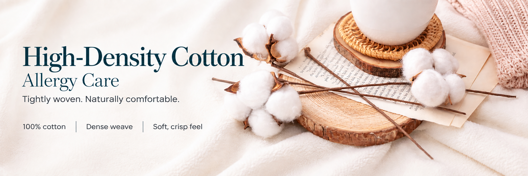 High-Density Cotton. Allergy Care. Tightly woven. Naturally comfortable. 100% cotton, dense weave, soft crisp feel.