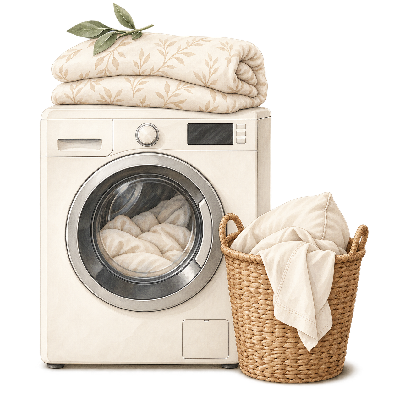 Washing machine with folded bedding and a laundry basket